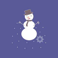 Snowman illustration on a purple snow background. Vector