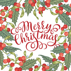Christmas vintage background with holly berry and mistletoe