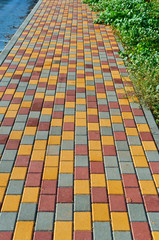 Road tiles. Multicolor paving stone. Pavement laid with tiles.