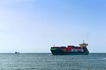 Cargo ship at sea. The ship returned to port in the Baltic sea.