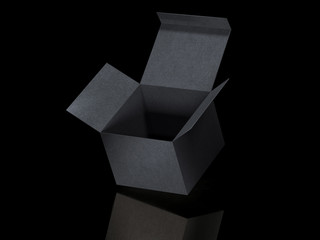 Black opened cardboard package on gray floor. 3d rendering
