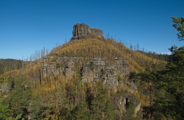 Fototapeta na wymiar Blick von der Felsenburg Falkenštejn bei Jetrichovice auf benachbarte Felsen