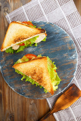 Two tasty sandwich with chicken, tomatoes, lettuce, cheese on a wooden plate on a dark background