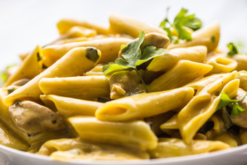 Pasta pene with chicken pieces mushrooms parmesan cheese sauce and herb decoration. Pene con pollo - Italian or medierranean cuisine