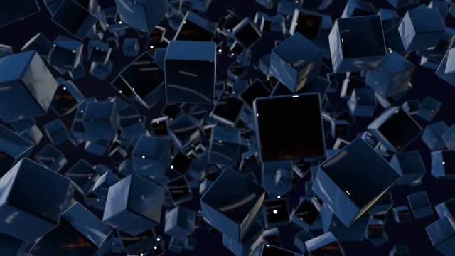 Dark composition with cubes with many highlights and moving focus. Motion graphics 3d looped animation as dark background in 4k with simple cubes and depth of field. 6