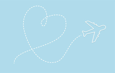 Airplane and path line in heart shape vector. Love to travel concept.