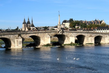 Fototapeta premium Jacques Gabriel bridge, Blois, Loire, chapel, St Nicholas Cathedral, river, 