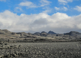 Panoramic view on lava field and volcanic dunes in Kverkfjoll, Highlands of Iceland, Europe