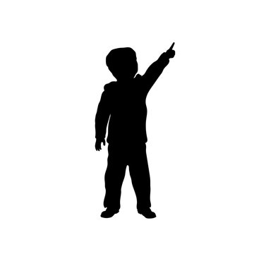 Black silhouette of little boy pointing to sky. Kid in winter clothes. Vector illustration
