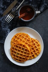 Homemade Pumpkin Waffles with Apple Cider top view