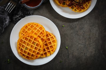 Homemade Pumpkin Waffles with Apple Cider, top view / Thanksgiving breakfast