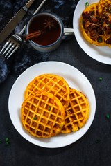 Homemade Pumpkin Waffles with Apple Cider, top view / Thanksgiving breakfast