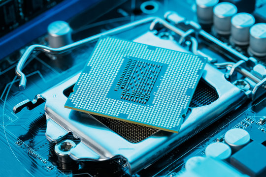 Close-up Of CPU Chip Processor. Selective Focus