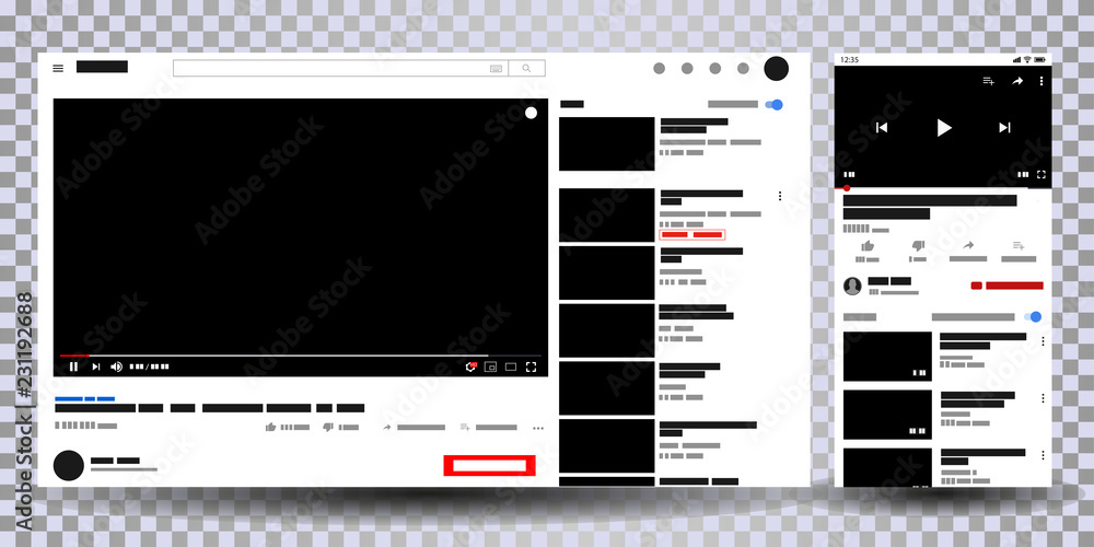 Poster Video player web site mock up, mobile and computer template. Media Player template . Video player Interface. interface mock up. Vector web page template