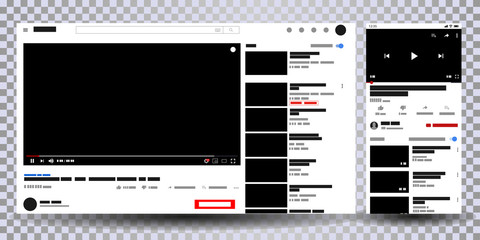 Video player web site mock up, mobile and computer template. Media Player template . Video player Interface. interface mock up. Vector web page template
