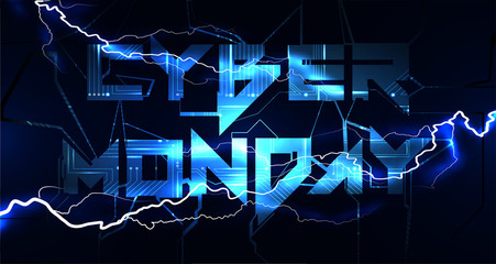 Cyber Monday Sale Banner on tech blue circuit board background with lightning of electricity. Vector Cyber Monday Sale Illustration