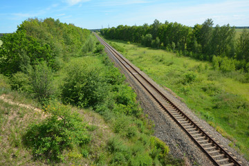 Fototapeta na wymiar Railroad rural landscape with trees. Railroad Scenery