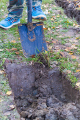 Fototapeta premium Man digging a ditch with a shovel in autumn