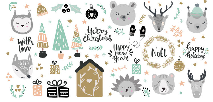 Big set of cute animal faces and christmas hand drawn lettering and clip art design elements. Woodland animals vector illustration