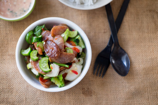 Close up of Chinese sausage spicy Thai food