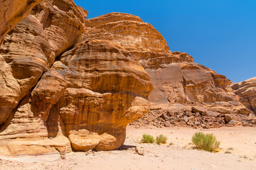 Ancient image of the stone head in Wadi Rum, The Valley of the Moon, southern Jordan.