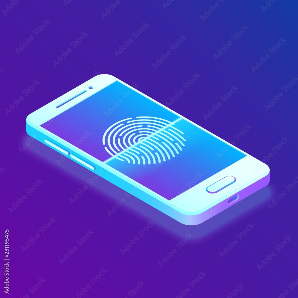 Poster scanning fingerprint on smartphone. unlock mobile phone. biometrics security. touch screen smartphon