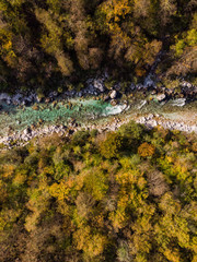 Colorful forest in Soca river valley,aerial drone view