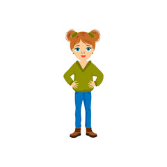 Fototapeta premium Vector cute little girl cartoon character in sweater and jeans . Beautiful girl can use for postcard, card, poster, invitation, print.