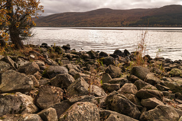 An autumnal image of rocks on the shoreline of Loch Rannoch in the Scottish Highlands.