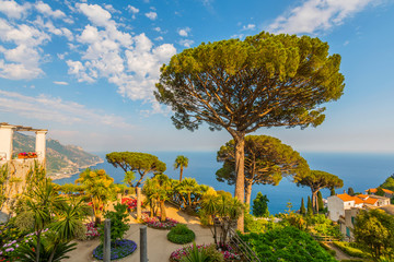 View of famous Amalfi Coast with Gulf of Salerno from Villa Rufolo gardens in Ravello, Campania,...