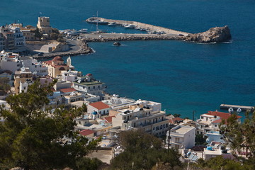 View of Pigadia from the trail from Amopi on Karpathos in Greece