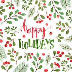happy holidays square card. watercolor christmas illustration and lettering. - 231198052