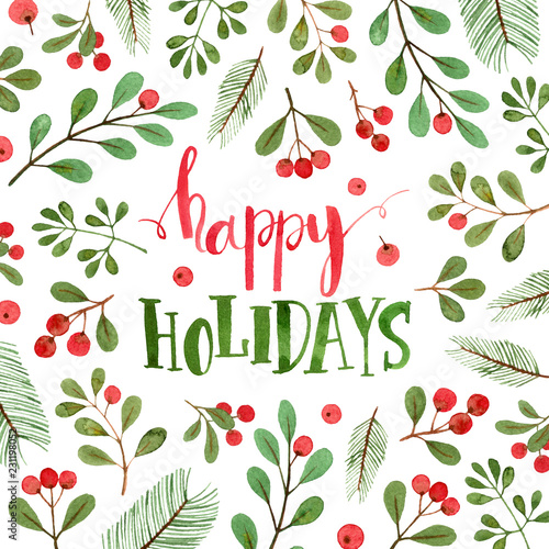 &ldquo;happy holidays square card. watercolor christmas illustration and