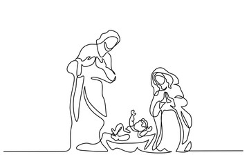 Continuous one line drawing. Bible Merry christmas scene of holy family. Vector illustration