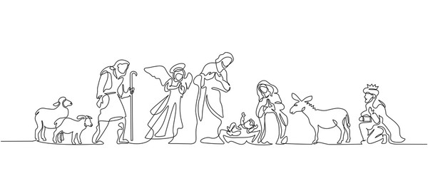 Continuous one line drawing. Bible Merry christmas scene of holy family. Vector illustration © Valenty