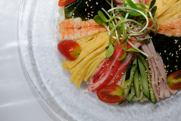 chilled cold cool somen noodle. japanese food with ham egg seaweed shrimp vegetable