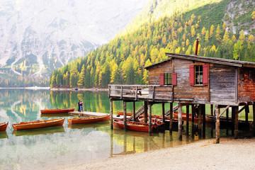Autumn scenery of Lake Braies in Dolomite Alps, Italy, Europe