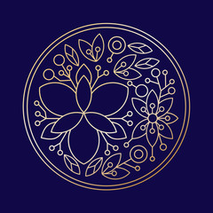 Minimalism golden linear flower vector logo art on blue background