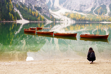 Autumn landscape at Braies Lake, Dolomites, Italy, Europe
