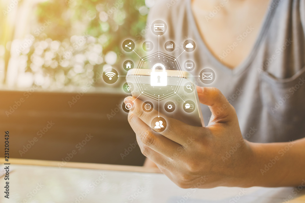 Aufkleber woman using smartphone with icon graphic cyber security network of connected devices and personal da