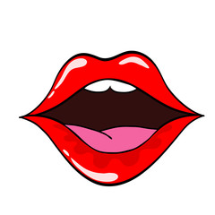 Female lips. Mouth with a kiss, smile, tongue, teeth. Vector comic illustration in pop art retro style isolated on white background.