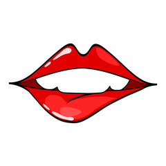 Female lips. Mouth with a kiss, smile, tongue, teeth. Vector comic illustration in pop art retro style isolated on white background.