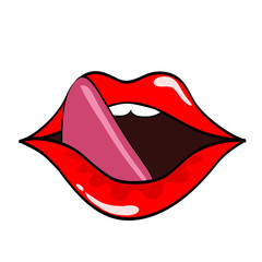 Female lips. Mouth with a kiss, smile, tongue, teeth. Vector comic illustration in pop art retro style isolated on white background.
