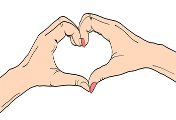 Love Concept. female and male hands with heart sign. Vector colorful hand drawn illustration in retro comic style on white background.