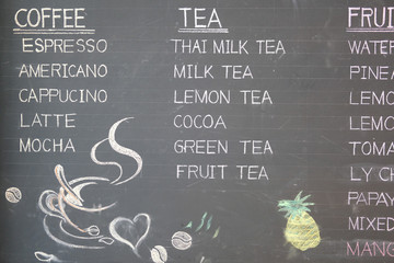 handdrawing coffee tea beverage menu on blackboard chalkboard