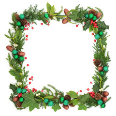 Christmas and winter abstract square wreath garland with fir leaf sprigs, holly berries, ivy,...