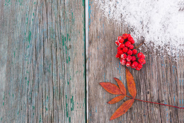 Snow, mountain ash and leaves on two old boards with copy space.