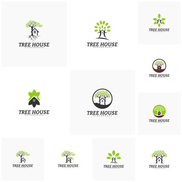 Set of Tree House logo vector template. Leaf House logo