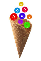 collage of colored buttons for clothes  waffle cone in isolation