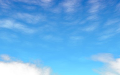 Blue sky background with white clouds. Abstraction group of clouds on clear blue sky on sunny day. 3D illustration